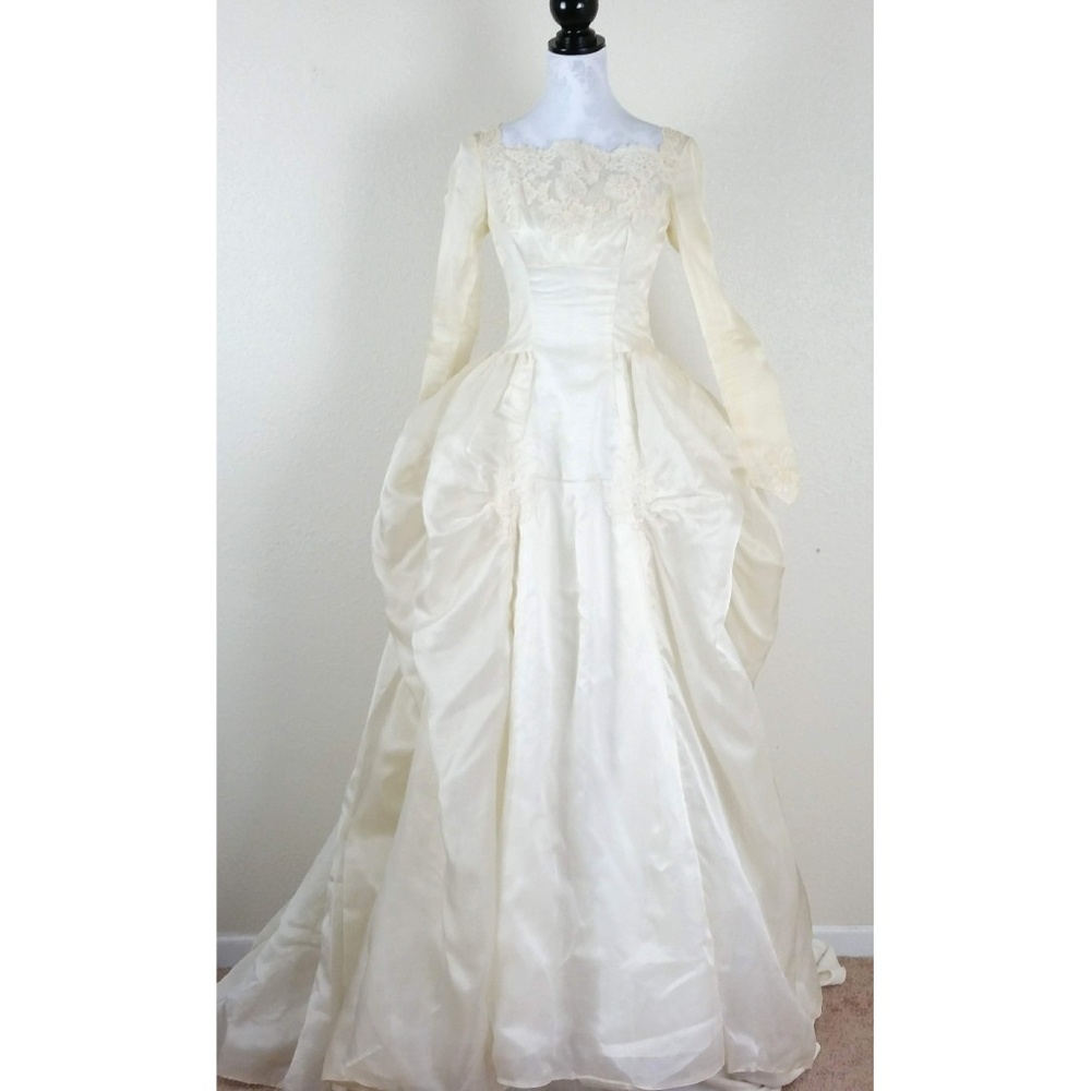 Vintage 50s Champage Wedding Dress Gown Organza S